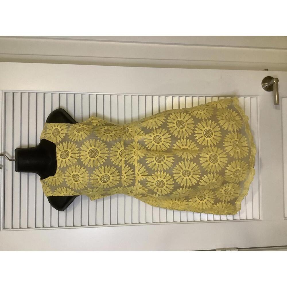 Moon Collection Yellow Sunflower Embroidered Sheer Sleeveless Mini Dress S